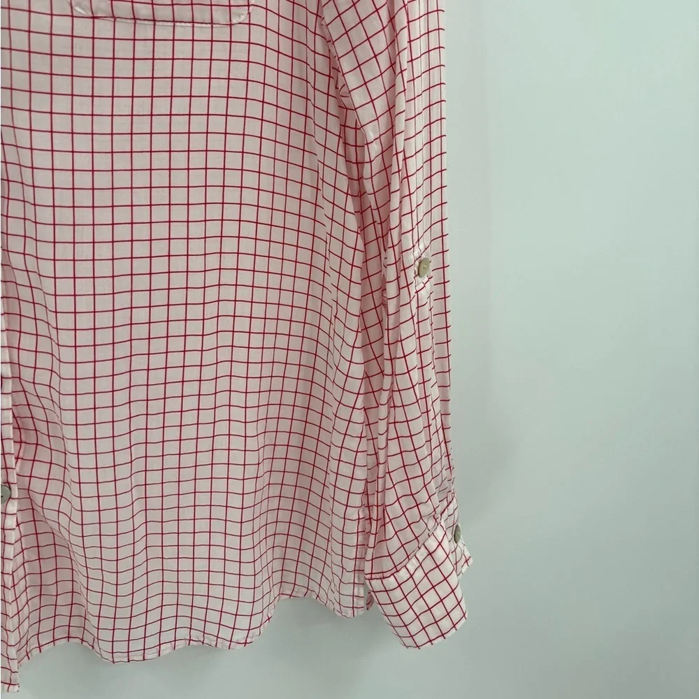 Foxcroft Women’s Blouse White Red Tencel Rolled Sleeve Gingham Button Up Size 10